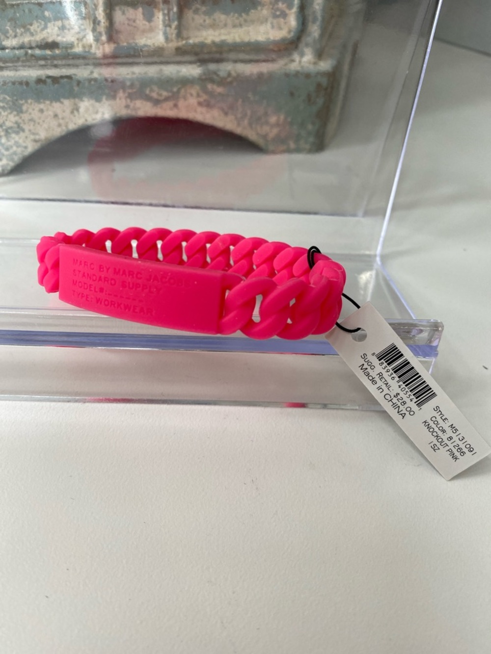 Marc By Marc Jacobs Neon Pink Link Bracelet with Logo Plate